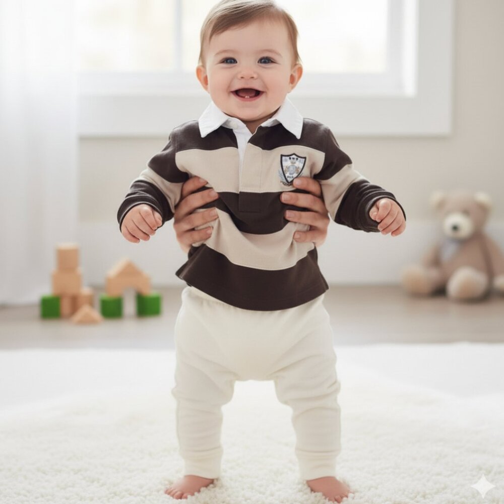 Brown beige long sleeve Polo cotton collar 6-9 mth